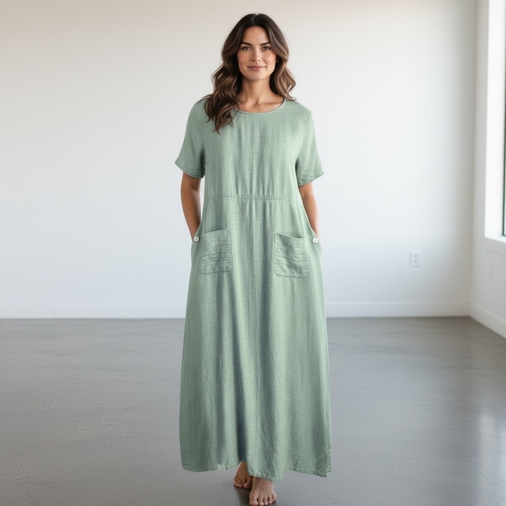 Vintage Lagenlook Minimalist Maxi Dress M Sage Green Linen/Rayon Coastal‎ Earthy